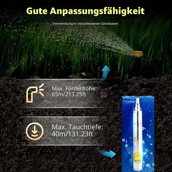 Tauchpumpe Tiefbrunnenpumpe DC 24V 370W 1" Solar Tauchpumpe bis 65m 1.8m³/h NEU