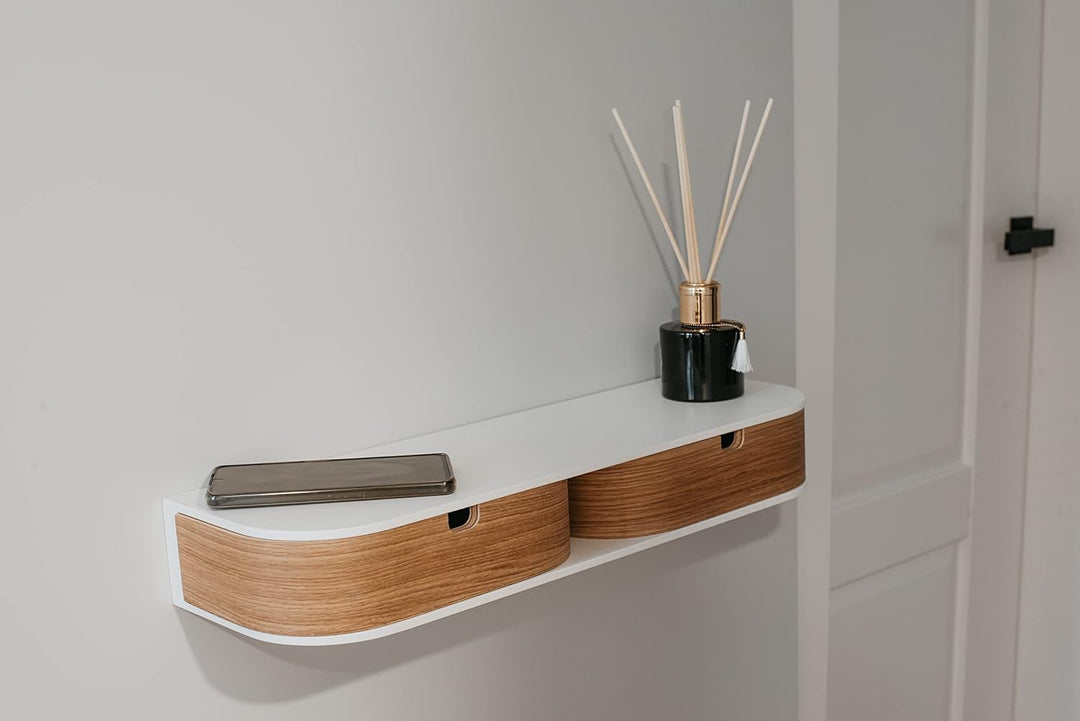 Schwebendes Regal mit 2 Schubladen - Hängendes Wandregal Holz - Schwebendes Wandregal (Weiss/Eiche,
