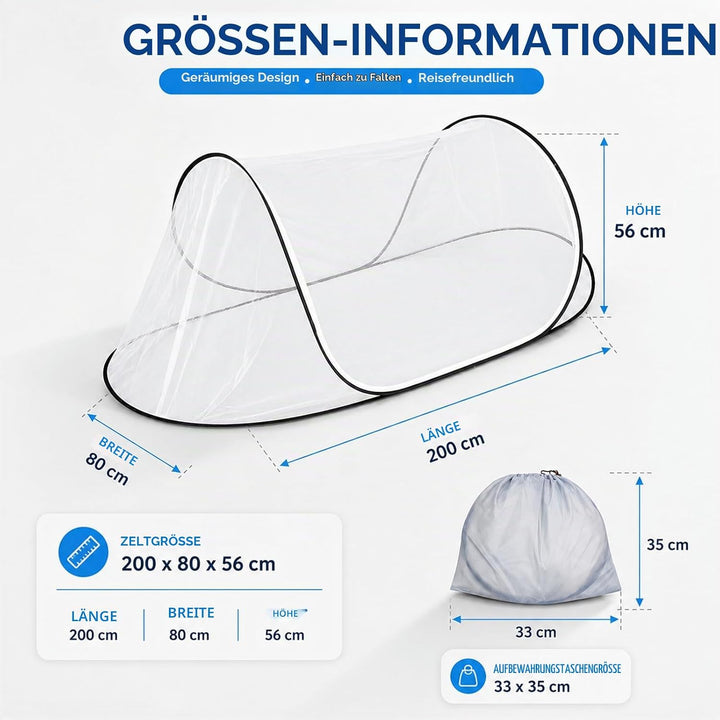 Faltbares Moskitonetz Bett, Pop-Up Mosquito Netz Bett, Mückennetz Reise 200 x 80 x 56cm, Tragbares C