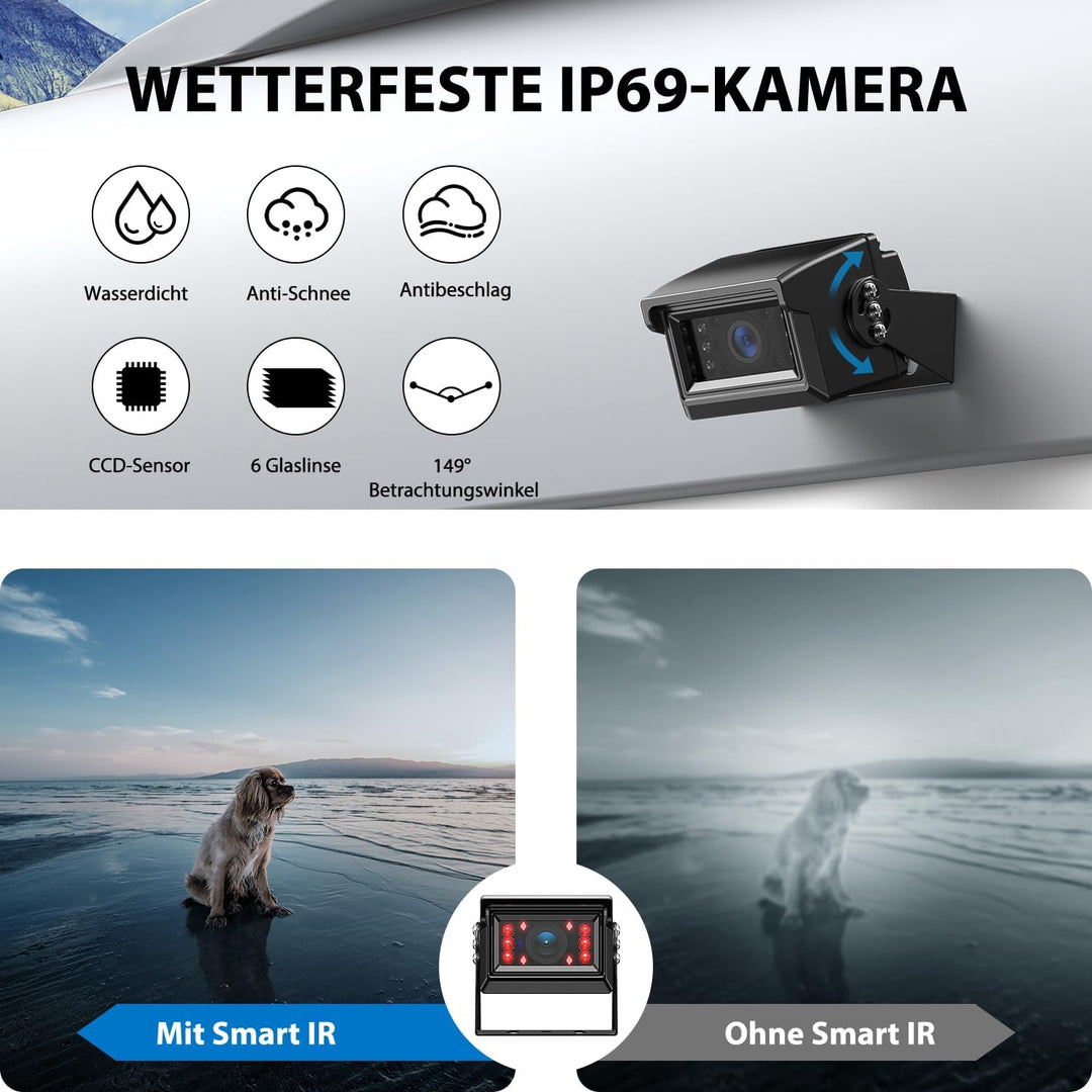 Rückfahrkamera Set, 7-Zoll HD Dual Split Screen Monitor, IP69 Wasserdicht Rückfahrkameras, IR Nachts