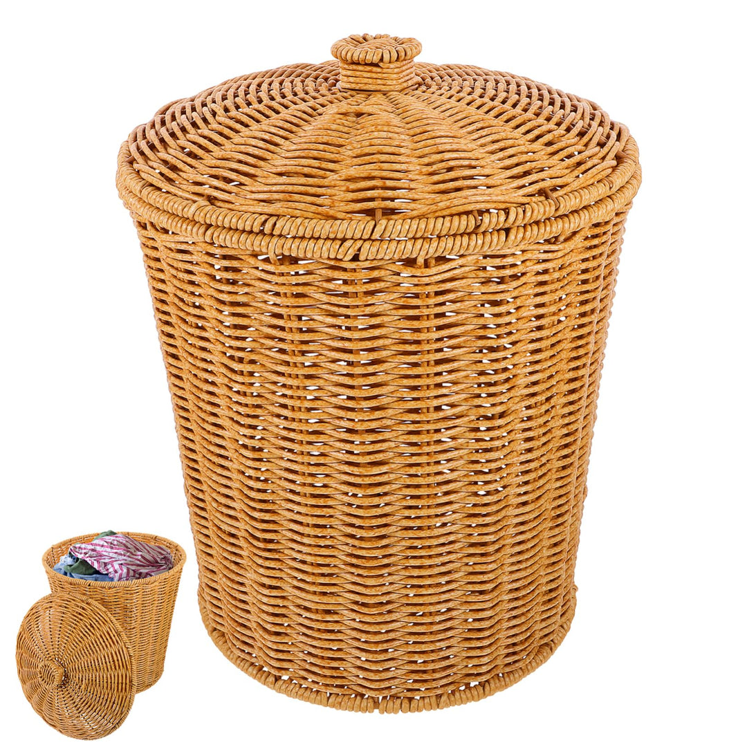 FOMIYES Gewebter Korb mit Deckel, Rattan-Mülleimer, kleiner Müllbehälter, Abfalleimer, Wäschekorb, P