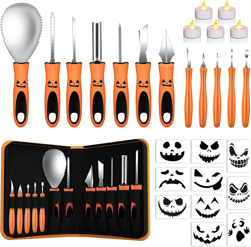 QcoQce Halloween Kürbis Schnitzset, 12PCS Edelstahl Kürbis Schnitzwerkzeuge DIY Sculpting Kürbis Too