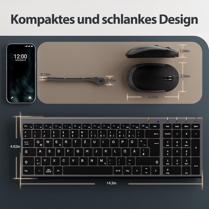 iClever GK03 2.4G Tastatur Maus Set Kabellos, Aluminium Wireless Slim Tastatur QWERTZ Layout (Deutsc