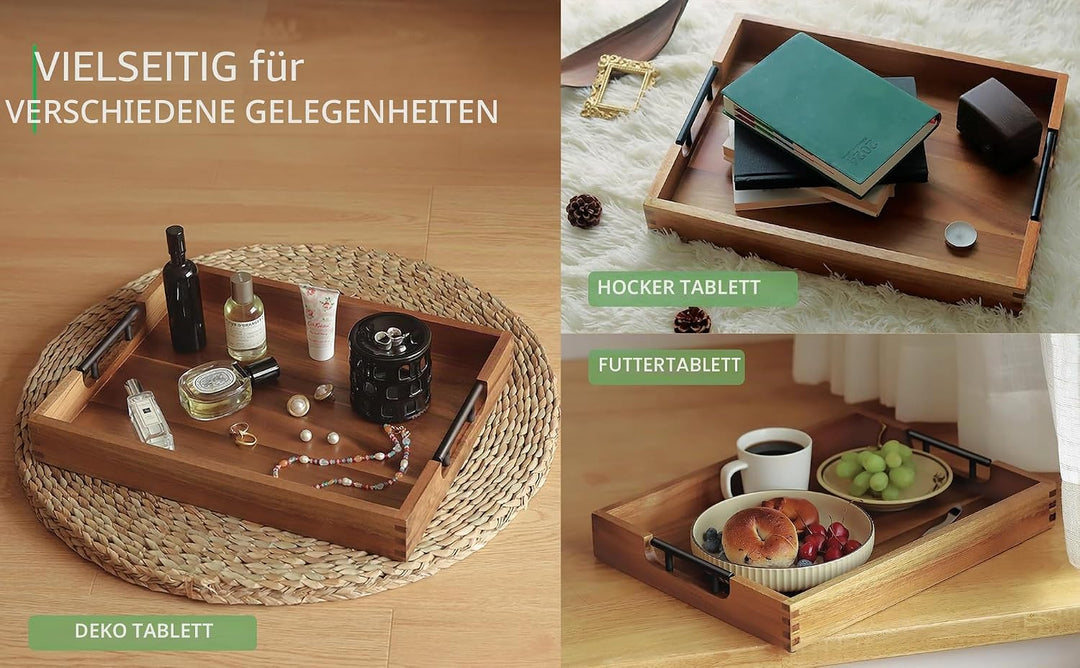 Joy&Grace Ottoman Tablett für Wohnzimmer, grosses Serviertablett aus Akazienholz mit Griffen, Holzta