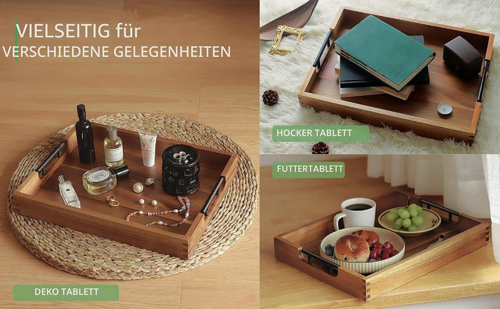 Joy&Grace Ottoman Tablett für Wohnzimmer, grosses Serviertablett aus Akazienholz mit Griffen, Holzta