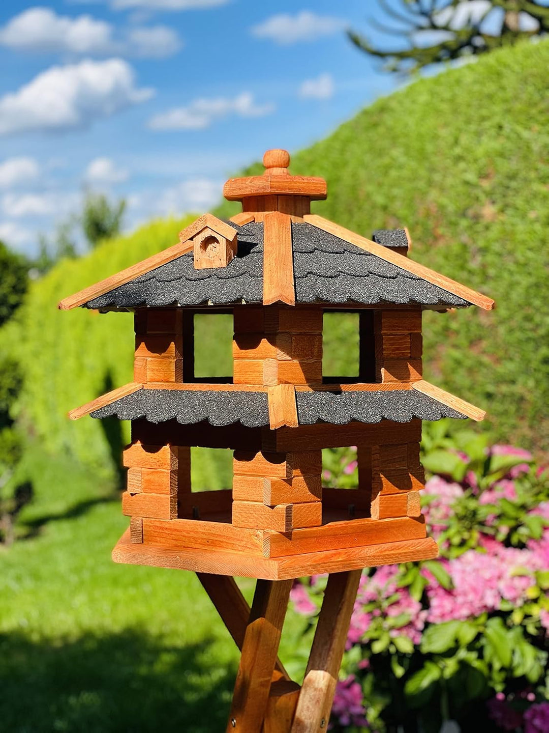 Vogelvilla wetterfest von L bis XXL Futterhaus Vogelhaus mit oder ohne Ständer in Braun mit Rot, Grü