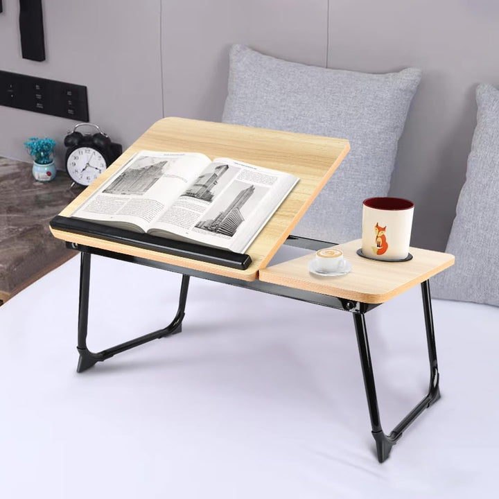 OHMG Klappbares Betttablett 56 x 33 x 24 cm – Betttisch mit Laptophalterung, Buchhalter und Becherha
