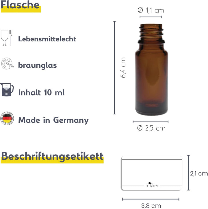 mikken 10 x braune Apothekerflasche 10ml made in Germany, inkl Beschriftungsetiketten + Trichter Bra