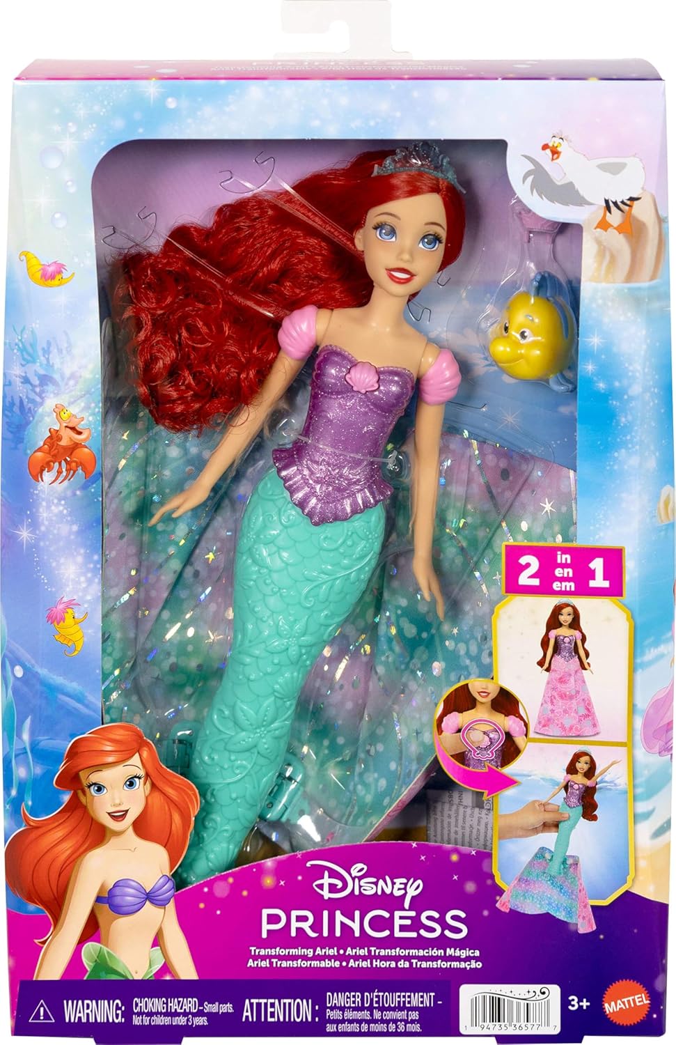 Mattel Disney Princess Arielle-Modepuppe, Verwandlung von Mensch zu Meerjungfrau mit Fabius-Figur un