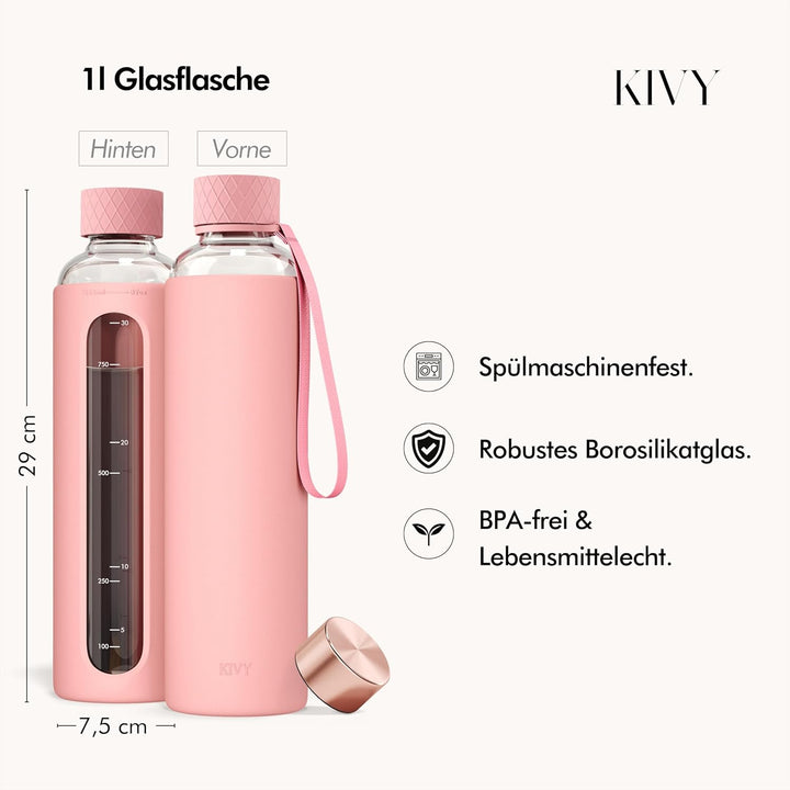KIVY Glas Trinkflasche 1l mit Silikonschutz [KOHLENSÄURE GEEIGNET] Glasflasche 1 Liter - Wasserflasc