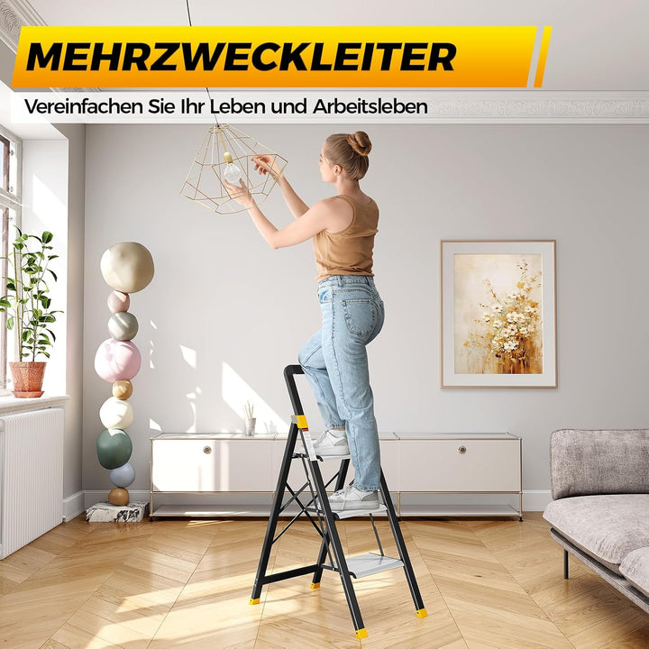 KINGRACK Trittleiter 3 Stufen Klappbar Aluminium, Klappleiter mit Handlauf, Haushaltsleiter Anti-Rut