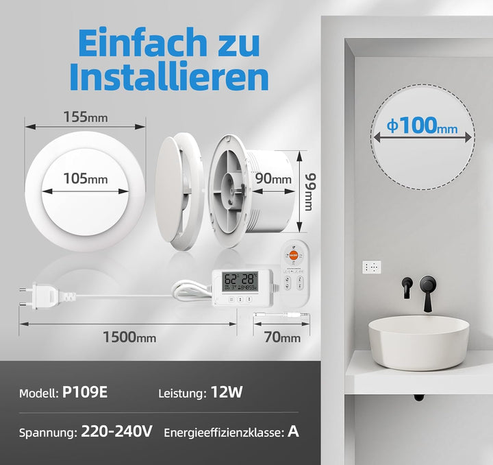 Badlüfter mit Feuchtigkeitssensor Temperatursensor Timer - 3 Stufen Bad Lüfter 100mm mit Fernbedienu