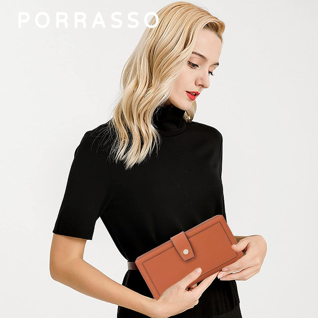 PORRASSO Geldbörse Damen Portemonnaie Leder Geldbeutel Kreditkartenetui Wristlet Bag mit Viele Fäche