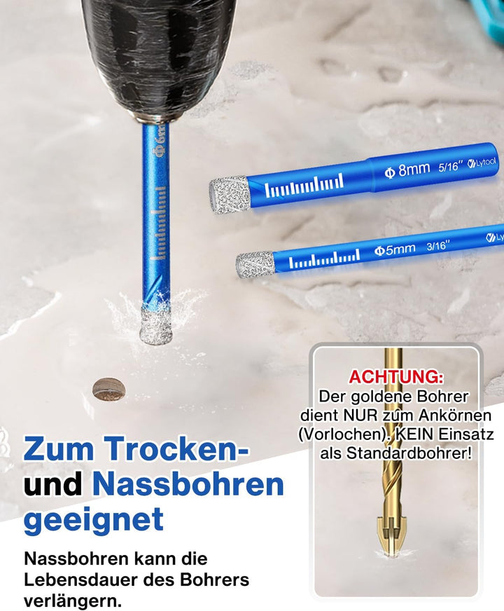 Lytool Fliesenbohrer Diamantbohrer Glasbohrer Set 5 tlg. 5, 6, 8, 10, 12 mm für Keramik, Granit, Gla