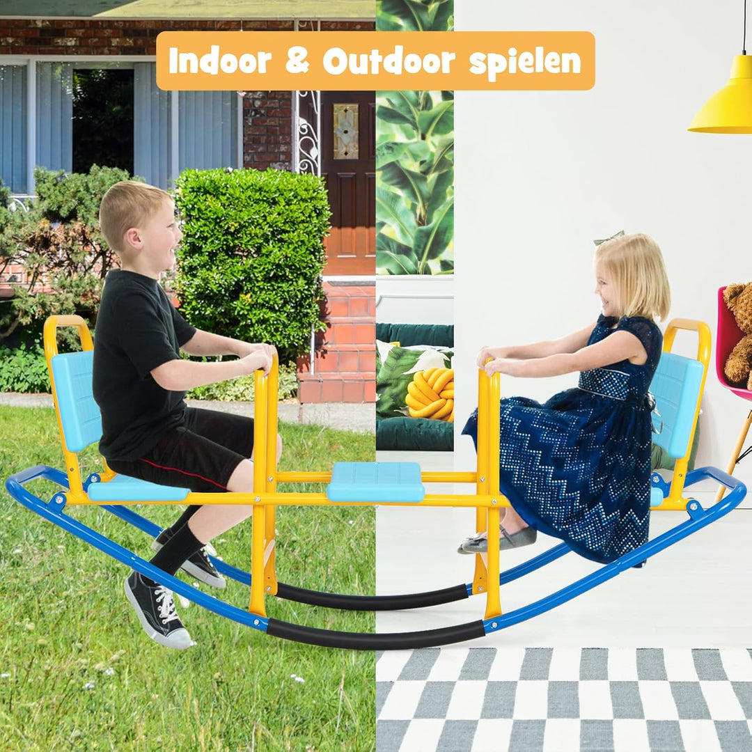 DREAMADE 3 Sitzer Kinder Wippe mit Rückenlehnen und Griffe, Schaukelwippe Metall 136x60x39cm, Karuss