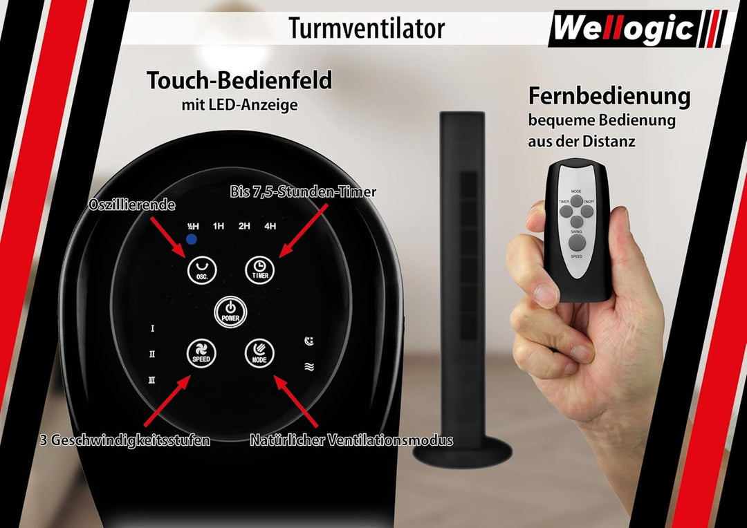 Turmventilator leise 91 cm Schwarz – Standventilator mit Fernbedienung, Timer 7,5h, 3 Geschwindigkei