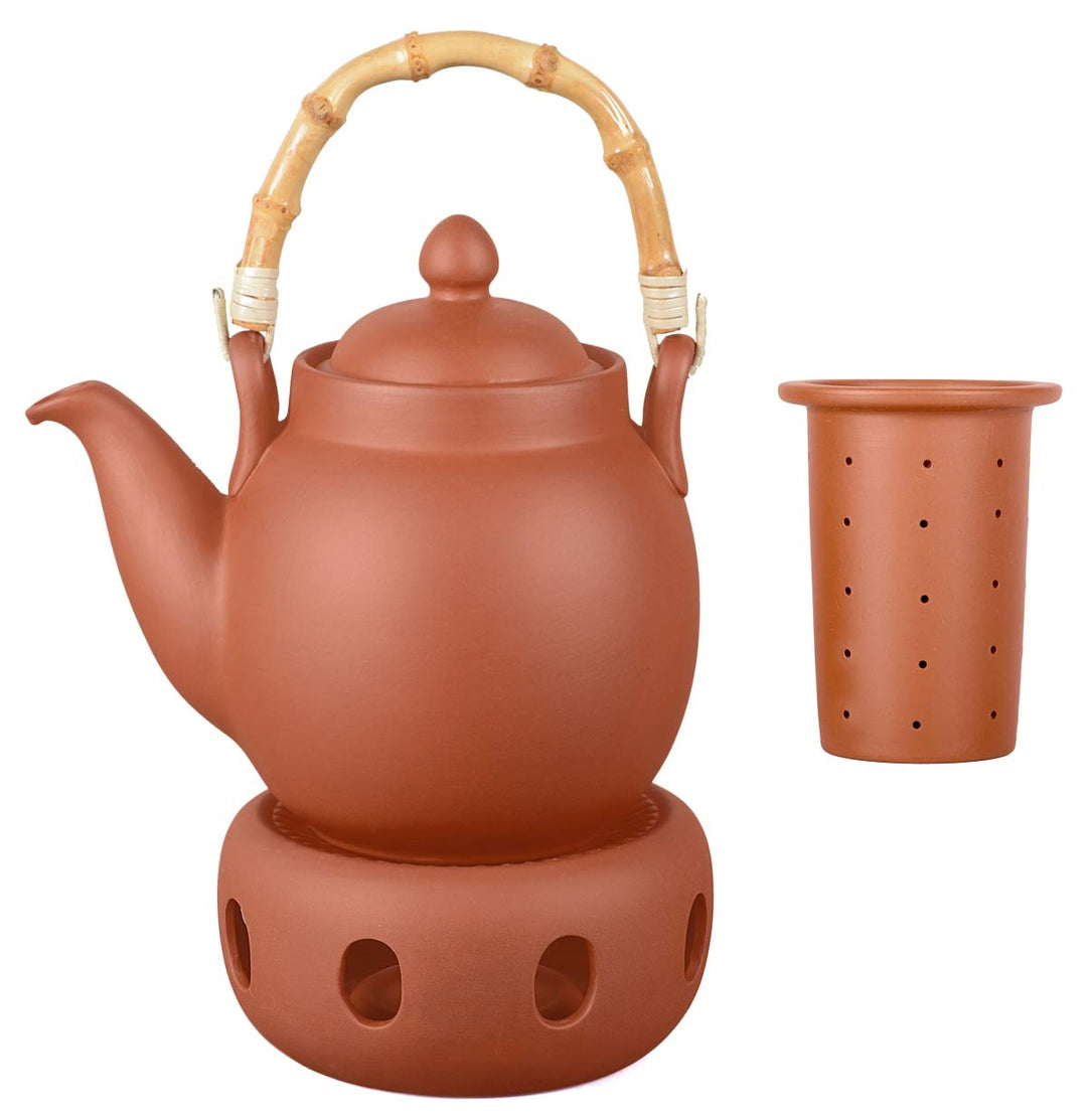 Aricola Ton Teekanne Tenno 1,1 Liter mit Tonsieb, Bambushenkel und Stövchen. Handgefertigt, Original