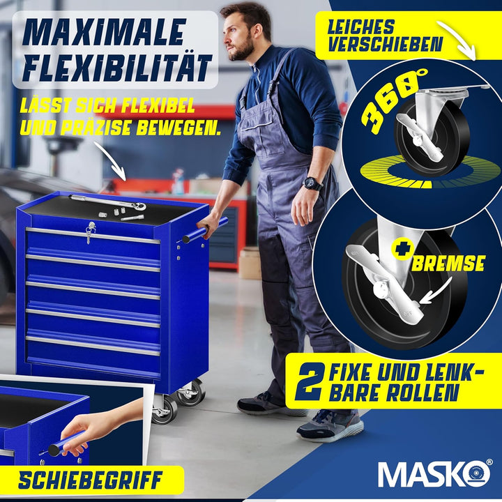 Masko® Werkstattwagen - 5 Schubladen, Abschliessbar | Massives Metall | Mobiler Werkzeug-Wagen ohne