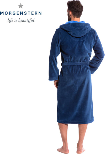 Morgenstern Bademantel Herren Kapuze 100% Baumwolle Frottee Velours Lang Finn M Blau, M Blau