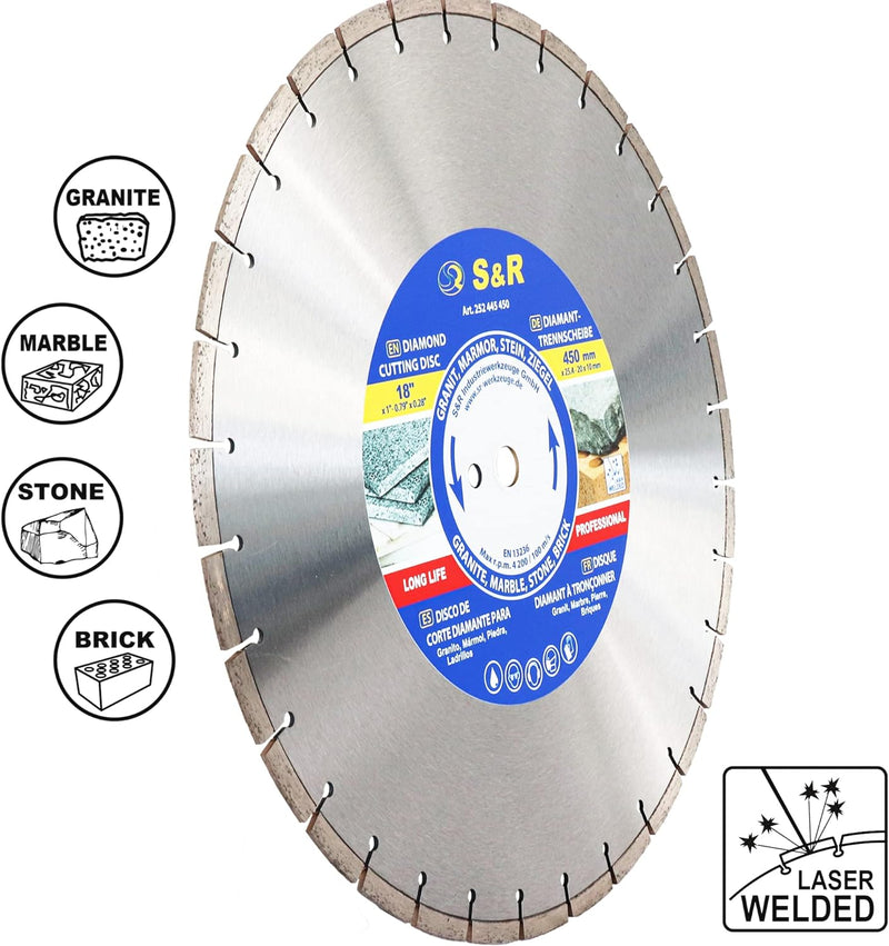 S&R Diamanttrennscheibe 450 x 25,4 mm, Industrie-Qualität, Trennscheibe doppelte Standzeit in Naturs