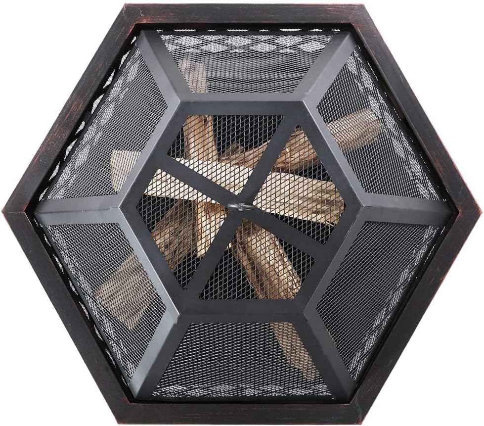 Gardebruk® Feuerschale mit Funkenschutz Sechseckig Stahl Modern Rost-Optik Garten Terrasse Feuerstel
