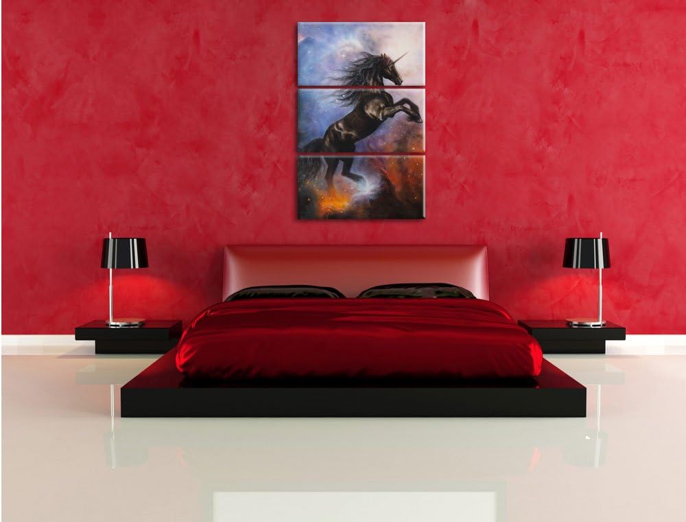 Pixxprint Traumhaftes schwarzes Einhorn / 3-Teilig/Gesamtmass 120cm Leinwandbild bespannt auf Holzra