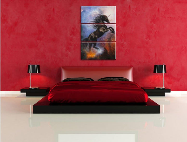 Pixxprint Traumhaftes schwarzes Einhorn / 3-Teilig/Gesamtmass 120cm Leinwandbild bespannt auf Holzra