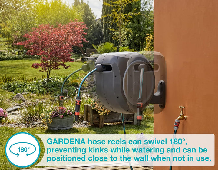Gardena 8045 1,8 m Wandmontage, einziehbare Spule mit Schlauchführung, Fuss, grau 66 ft mit extra Sc