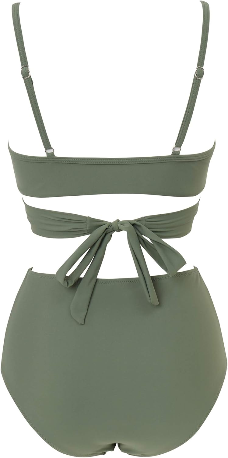 RXRXCOCO Damen Wickel Push Up Bikini Oberteil mit Bauchweg High Waist Bikini Set Bademode M Armeegrü
