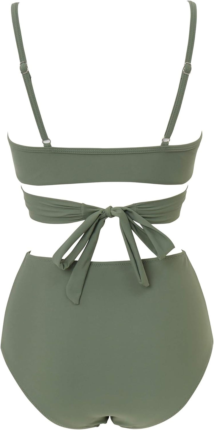 RXRXCOCO Damen Wickel Push Up Bikini Oberteil mit Bauchweg High Waist Bikini Set Bademode M Armeegrü