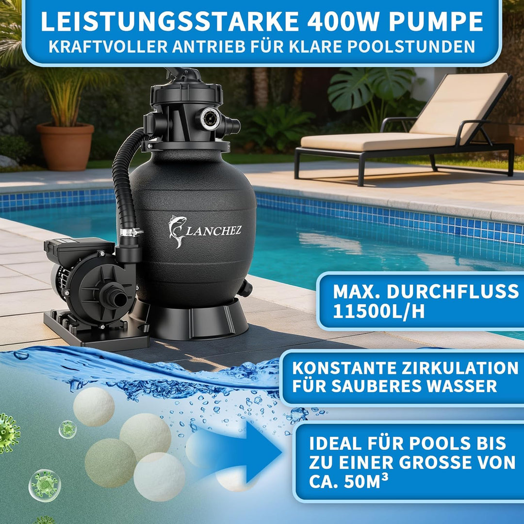 LANCHEZ Sandfilteranlage 11.500 L/h, 7-Wege-Ventil, 24h Zeitschaltuhr, 200g Filterbälle, Sandfilterk