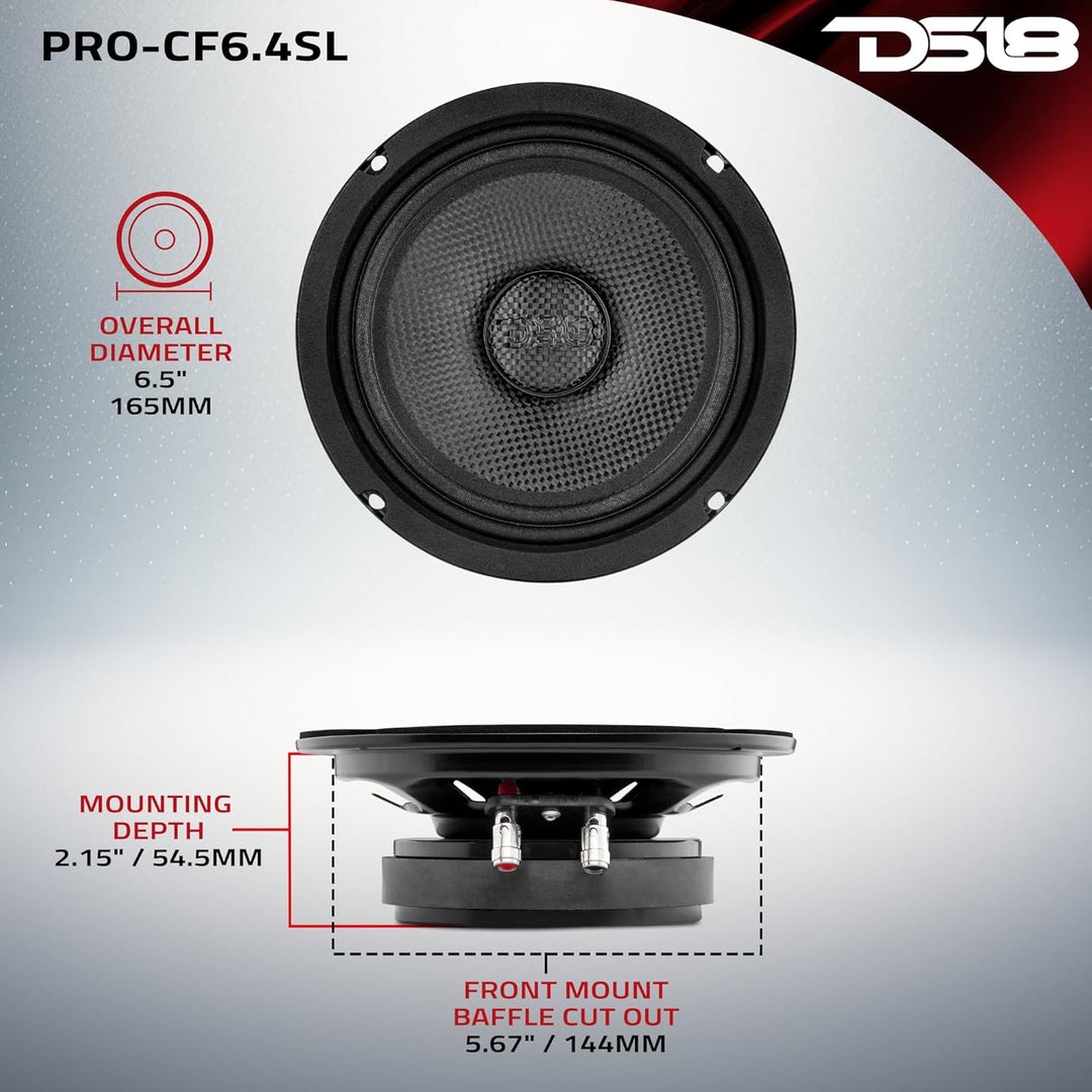 DS18 PRO-CF6.4SL 16.5 cm (6.5 Zoll) Slim Lautsprecher, 500 Watt RMS Max. Leistung, 4 Ohm, Wasserabwe