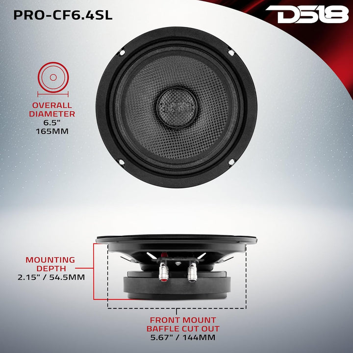 DS18 PRO-CF6.4SL 16.5 cm (6.5 Zoll) Slim Lautsprecher, 500 Watt RMS Max. Leistung, 4 Ohm, Wasserabwe