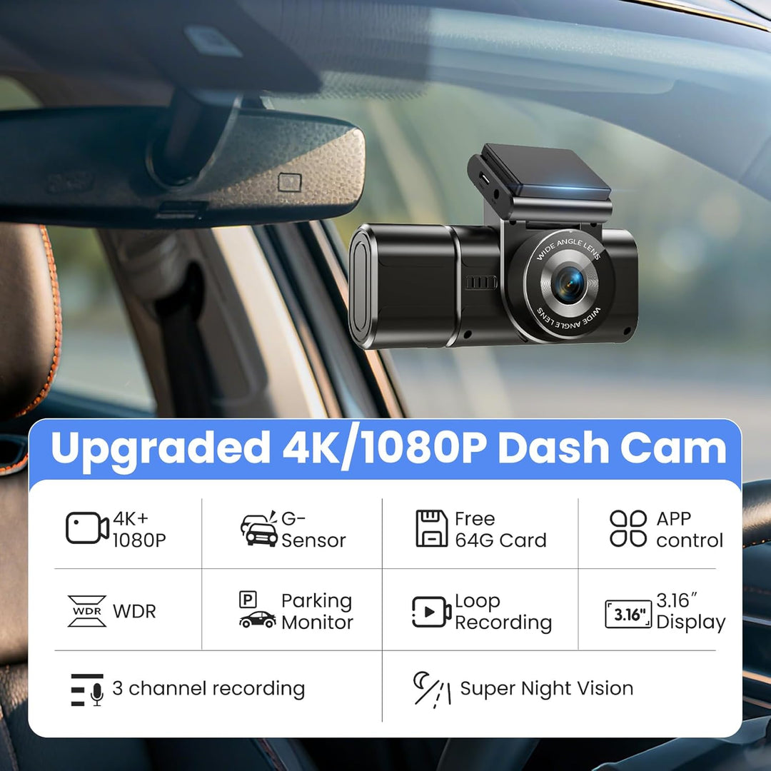 Dashcam Auto Vorne Hinten 4K+1080P mit GPS WiFi,3 Channel 1080P Dash Cam Auto Kamera 3,16" IPS Bilds