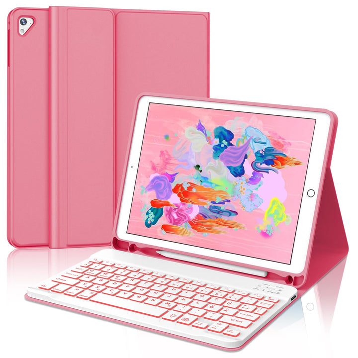 JADEMALL Für iPad 6. Generation Hülle mit DE Tastatur, Abnehmbare Bluetooth Tastatur mit 7-Farben Ba