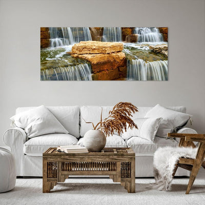 Wandbilder Dekoration Wohnzimmer Wasserfall Steine Wasser Panorama Bilder auf Leinwand 120x50cm Lein