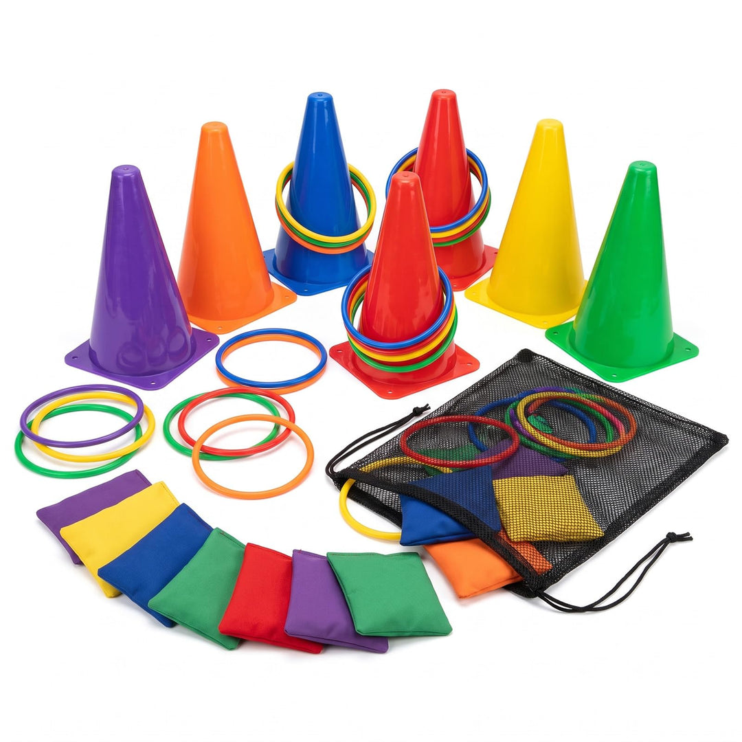 LAMEK Outdoor Spiele für Kinder Pylonen Cornhole Spiel Ringwurfspiele, Gartenspielzeug 3 in 1 Wurfsp