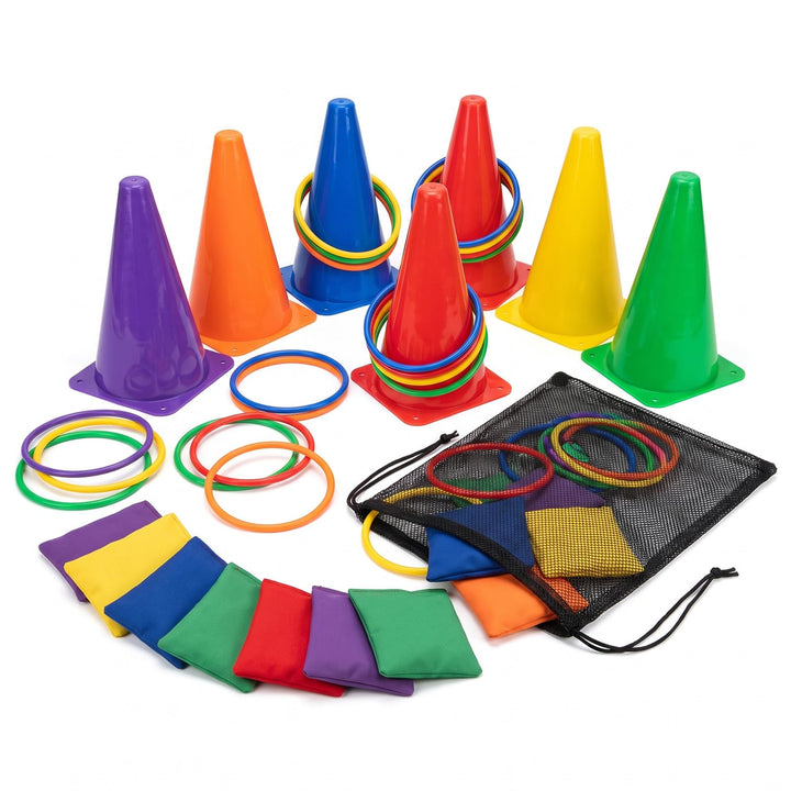 LAMEK Outdoor Spiele für Kinder Pylonen Cornhole Spiel Ringwurfspiele, Gartenspielzeug 3 in 1 Wurfsp
