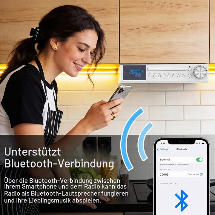 MONODEAL Bluetooth CD Player mit Radi,Küchenradio Unterbau mit Weckfunktion | Unterbauradio Küche mi