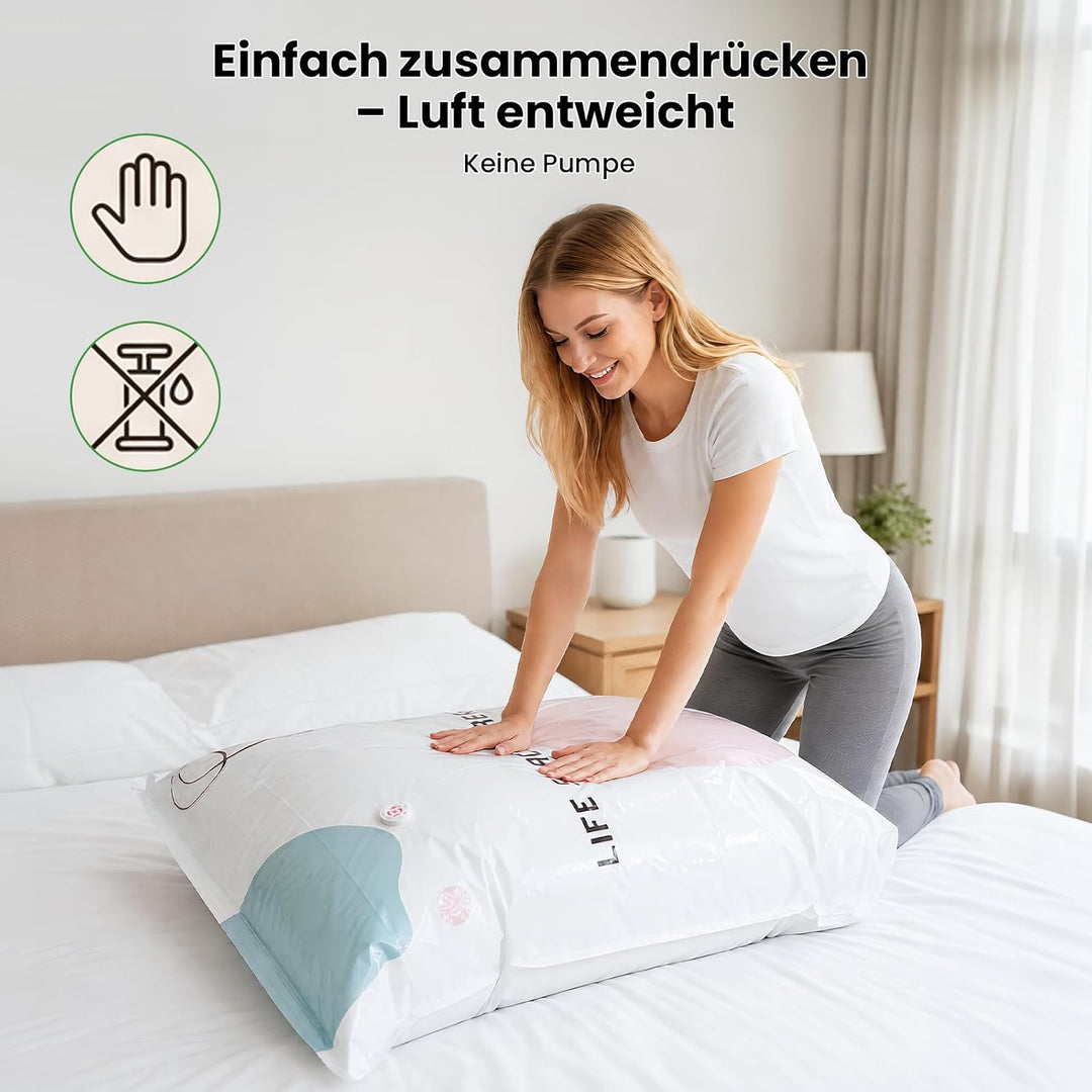 Vakuumbeutel ohne Pumpe 4er Set: 2x M (70x50x30cm) &amp; 2x L (100x80x30cm) – Platzsparende No-Pump Aufb