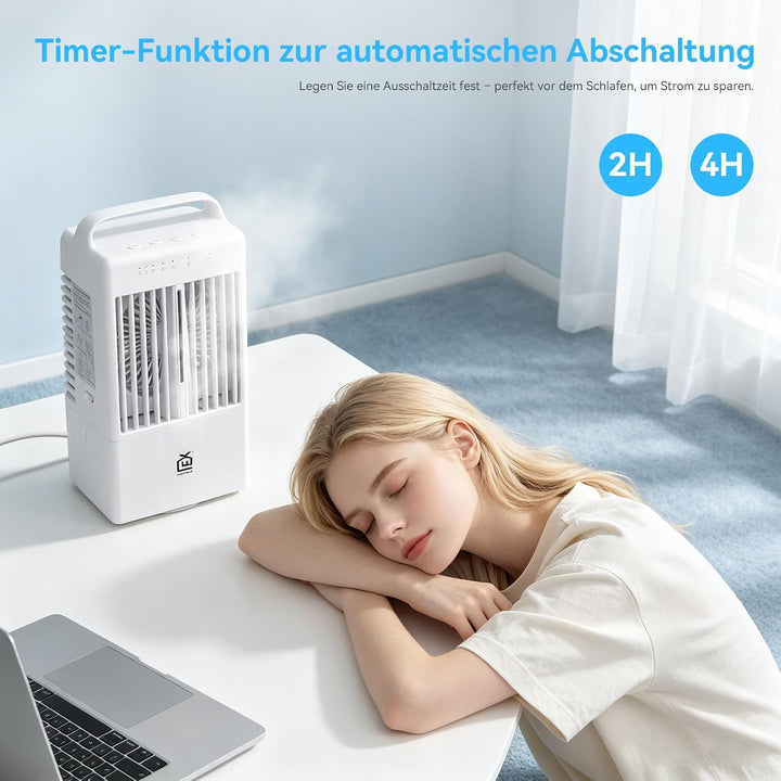EXTRASTAR Tischventilator mit Sprühfunktion, 2/4h-Timer &amp; 900ml Wassertank Weiss mit Oberem Tragebüg