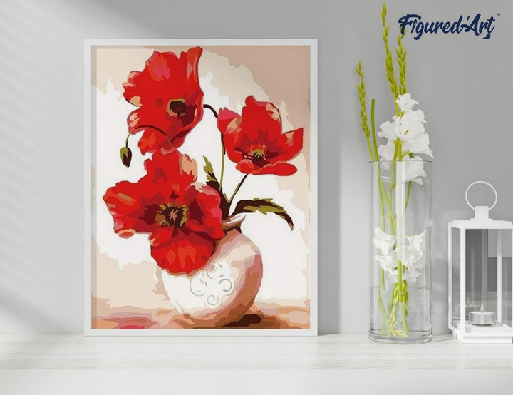Figured'Art Malen Nach Zahlen Erwachsene Mit Rahmen Schöne rote Mohnblumen - Paint by Numbers Bastel