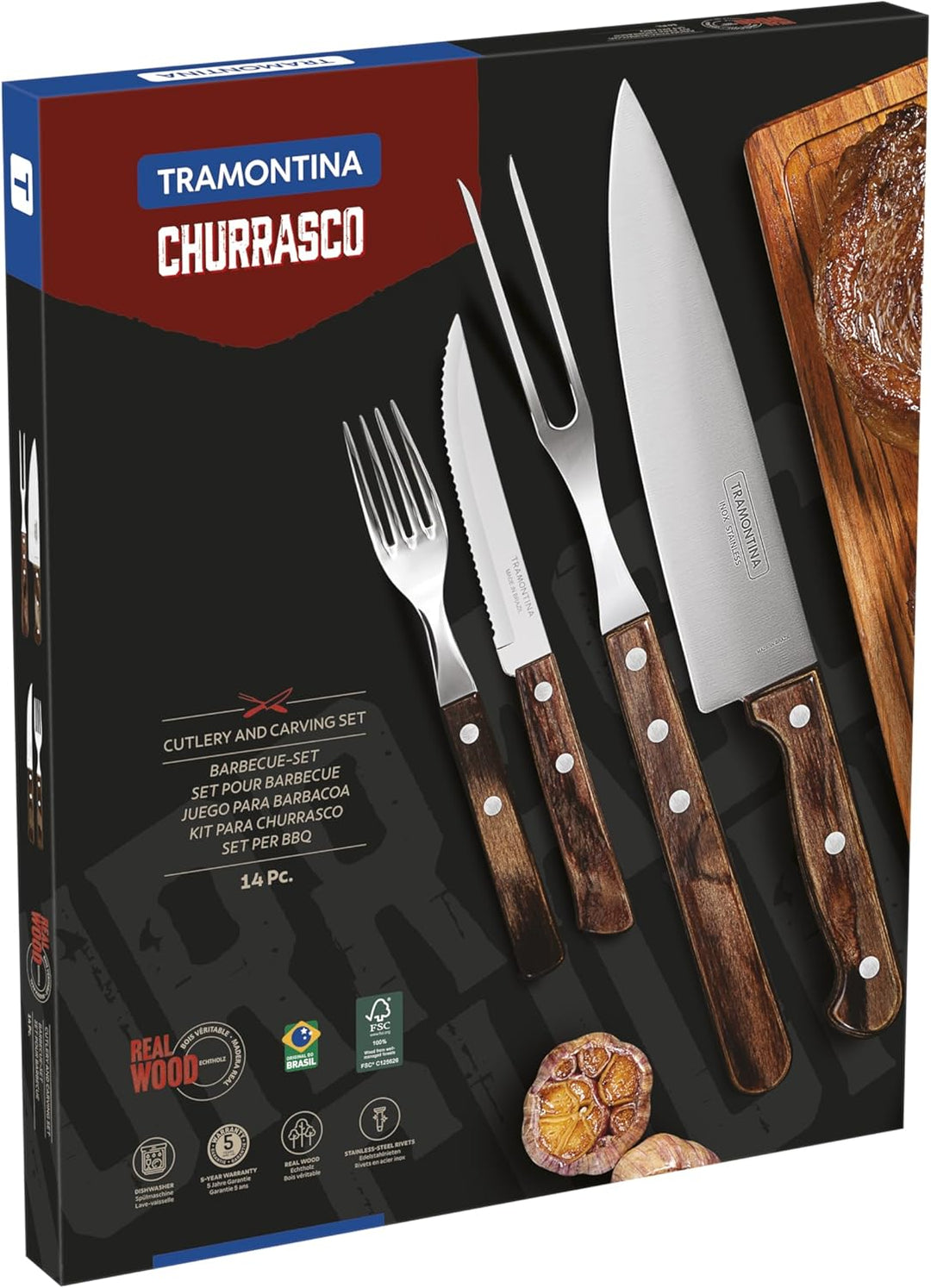 Tramontina Grillbesteck Set, 14-teilig, Edelstahl, Grillset mit Steakbesteck, Tranchiergabel und Tra