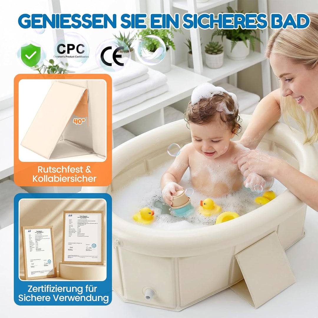 Orzbow Baby Badewanne, Faltbare Badewanne Kinder mit Aufblasbarem Oberrand, Tragbare Babybadewanne f