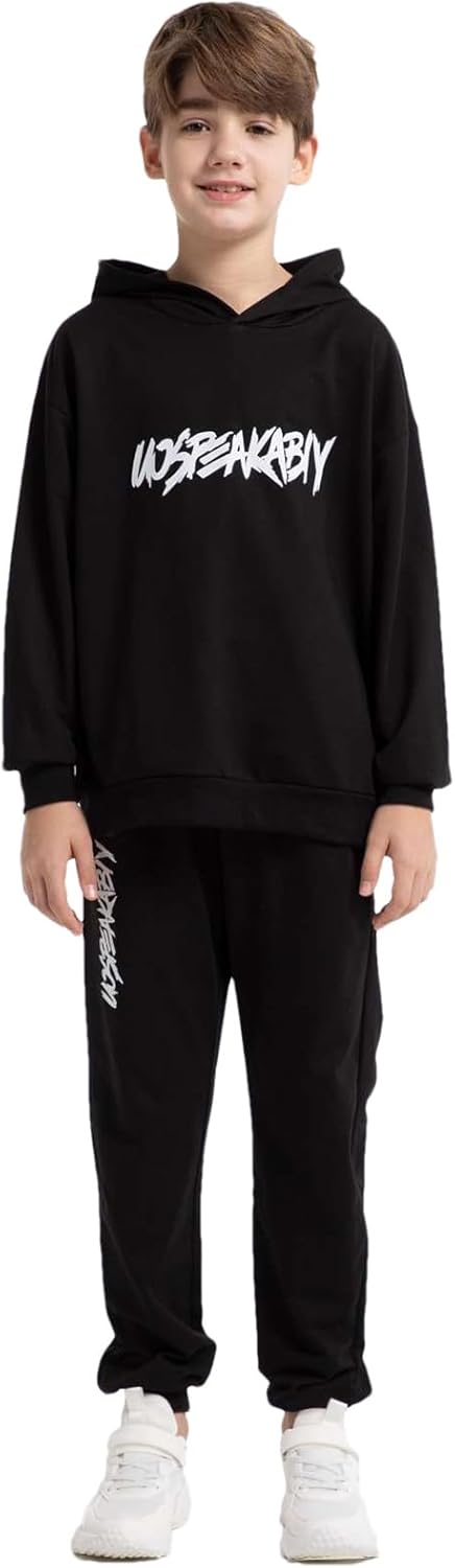amropi Jungen Hoodie Trainingsanzug Sweatshirt Top und Hose Kleidungsset 2-15 Jahre 6-7 Jahre Schwar