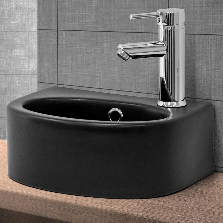 ML-Design Waschbecken Keramik Schwarz 33,5x25,5x13cm klein mit Ablaufgarnitur, Hahnloch rechts, Abge