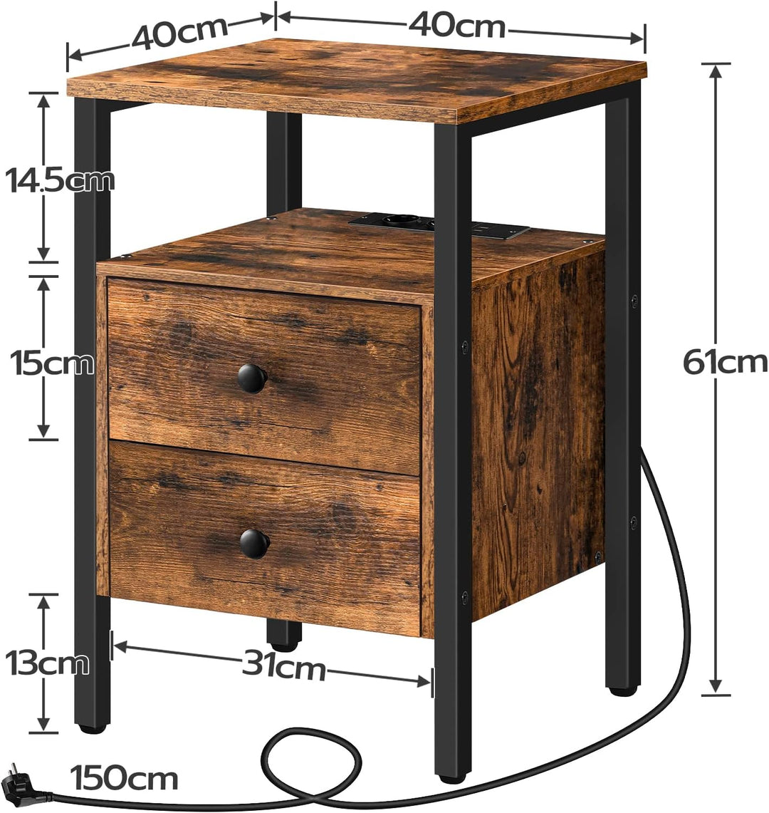 HOOBRO Nachttisch mit Ladestation, Beistelltisch, Sofatisch mit 2 Schubladen, Couchtisch mit USB-Ans