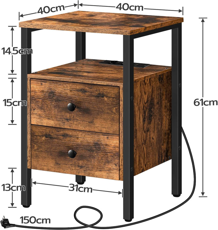 HOOBRO Nachttisch mit Ladestation, Beistelltisch, Sofatisch mit 2 Schubladen, Couchtisch mit USB-Ans