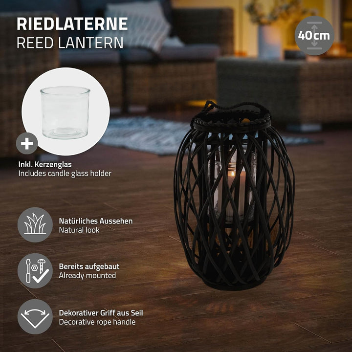 ECD Germany Laterne Ried 40xØ26 cm mit Henkel, Schwarz, Seilfaser, Flechtoptik, Rattan Windlicht mit