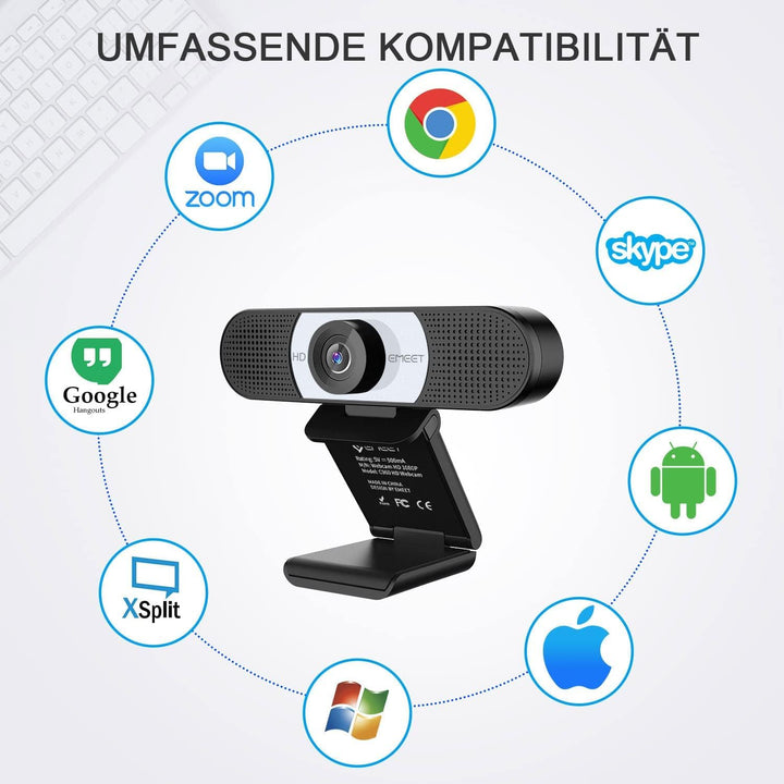 EMEET Full HD Webcam - C960 1080P Webcam mit Objektivabdeckung & Dual Mikrofon, 90 ° Streaming Kamer
